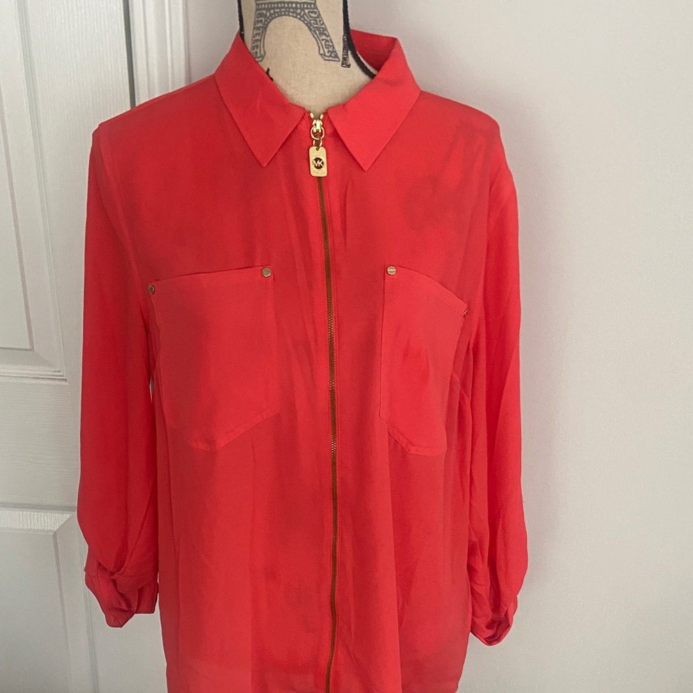 Michael Kors Red Orange Button-Down Shirt with Gold Zipper